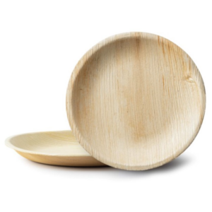 7-inch round palm leaf plates shown empty