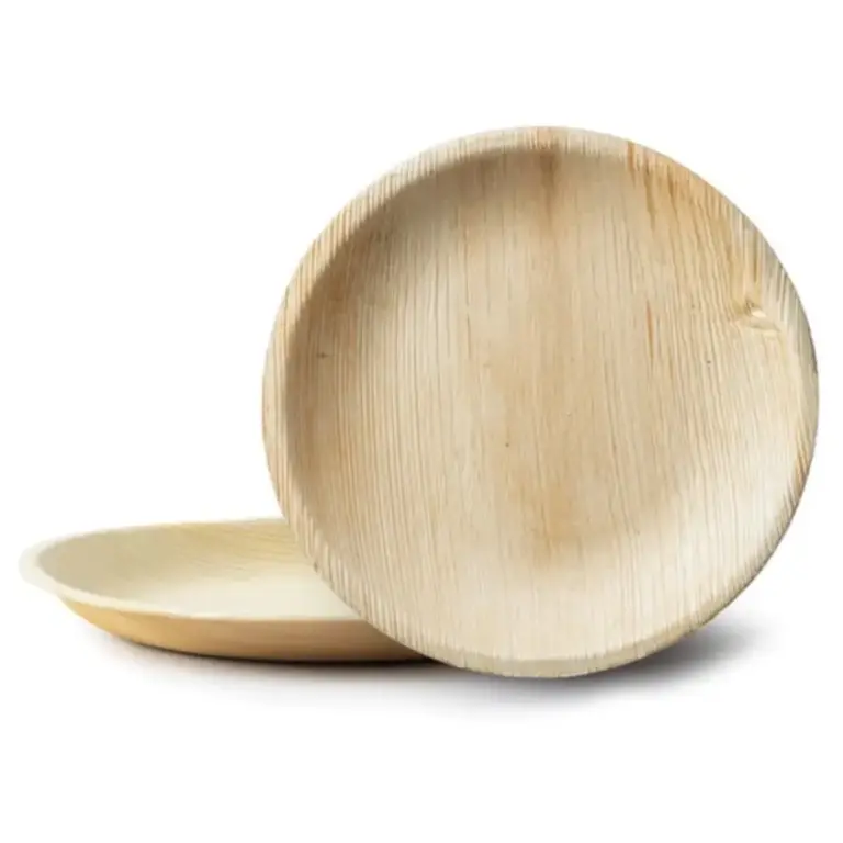7-inch round palm leaf plates shown empty