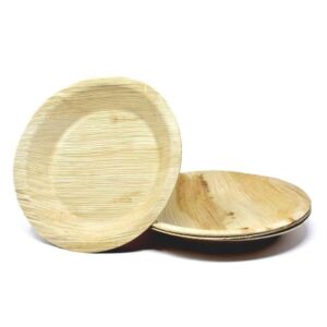 8-inch round palm leaf plates shown empty