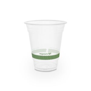 Vegware 12oz PLA cold cup with green leaf band, 96-Series