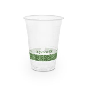 Vegware 16oz PLA cold cup with green leaf band, 96-Series