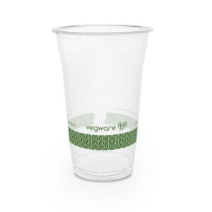 Vegware 20oz PLA cold cup with green leaf band, 96-Series