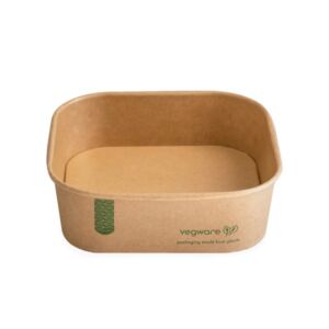 Vegware 32oz square kraft food container with rounded corners and green branding