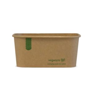 Vegware 34oz rectangular kraft food container with tall sides and green branding