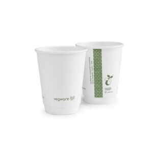 Front and back of the Vegware 8oz white double wall hot cup with green printed messaging