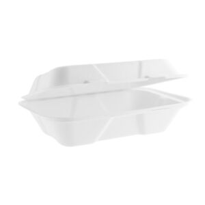 Vegware 9x6in Bagasse Clamshell, white hinged takeaway box, shown empty on a white background