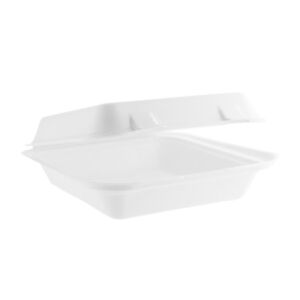 Vegware 8in Bagasse Lunch Box, white hinged takeaway box, shown empty on a white background