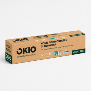 OKIO home compostable cling film 300m dispenser box, 450mm wide, full pack view