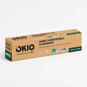 OKIO home compostable cling film 300m dispenser box, 450mm wide, full pack view