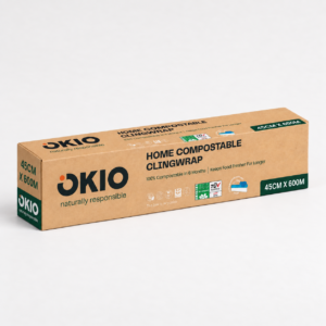 OKIO home compostable cling film 600m dispenser box, 450mm wide, full pack view