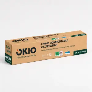 OKIO home compostable cling film 600m dispenser box, 450mm wide, full pack view
