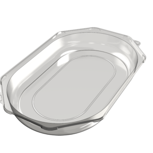 Large octagonal platter lid in clear APET, shown in perspective