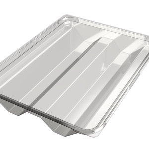 Premium platter lid in clear APET, shown in perspective