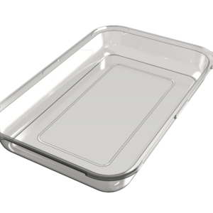 Large rectangular platter lid in clear APET, shown in perspective