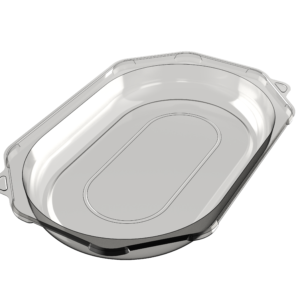 Small octagonal platter lid in clear APET, shown in perspective