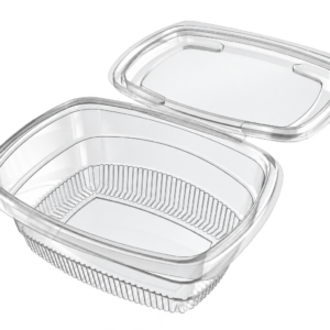 Empty 1000ml clear rPET hinged deli container with its attached lid open