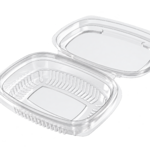Empty 125ml clear rPET hinged deli container with its attached lid open