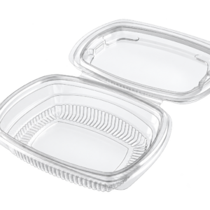 Empty 375ml clear rPET hinged deli container with its attached lid open
