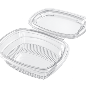 Empty 500ml clear rPET hinged deli container with its attached lid open