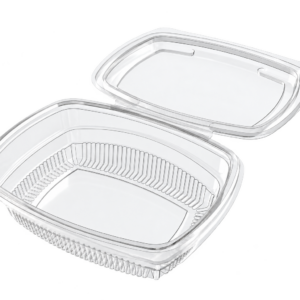 Empty 750ml clear rPET hinged deli container with its attached lid open
