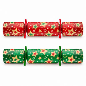 Red and green 9-inch Splendid Star Christmas crackers shown together on a white background