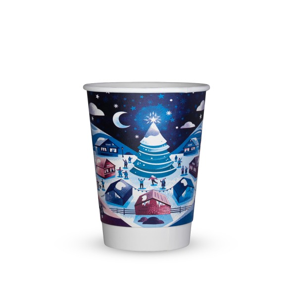 Vegware 12oz double wall Christmas cup with a blue Christmas market design on a white background
