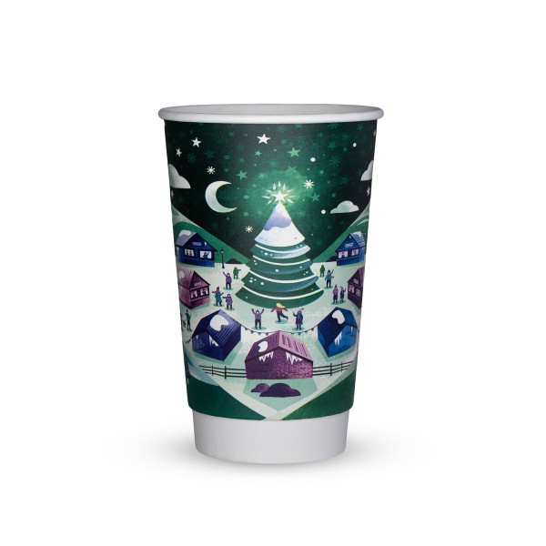 Vegware 16oz double wall Christmas cup with a green Christmas market design on a white background