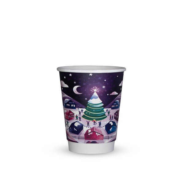 Vegware 8oz double wall Christmas cup with a purple Christmas market design on a white background