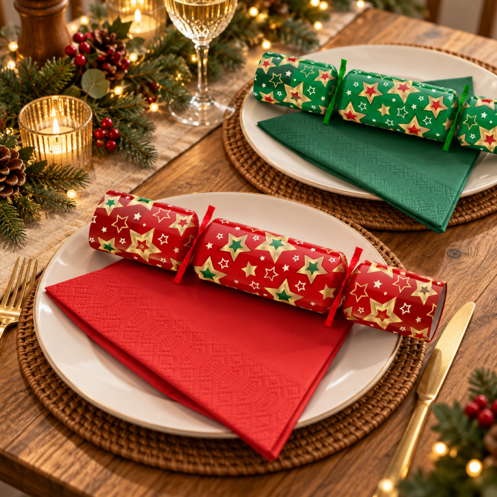 Red and green Splendid Star crackers with coordinating napkins – styled concept