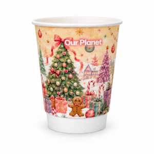 Yellow Planetware 8oz Christmas 2026 double wall cup on a white background