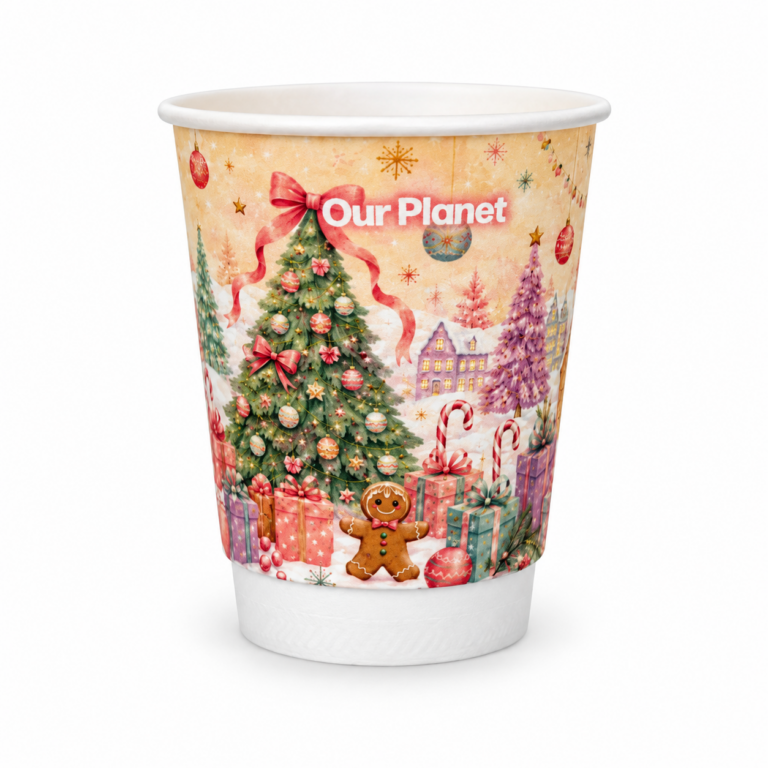 Yellow Planetware 8oz Christmas 2026 double wall cup on a white background